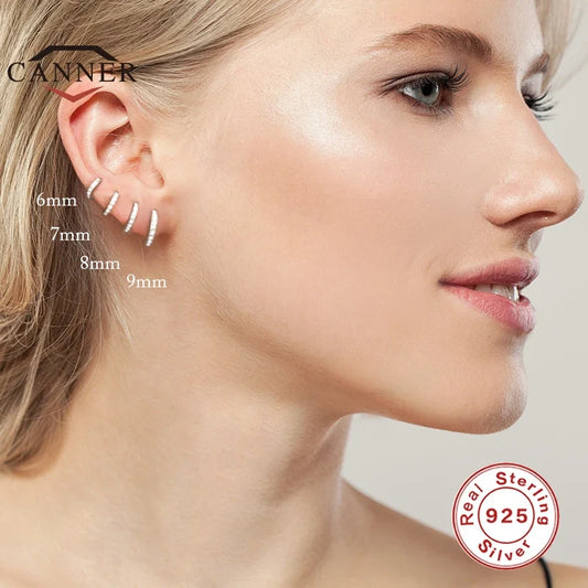 CANNER 6/7/8/9mm Real 925 Sterling Silver Zircon Hoop Earrings for Women Huggie Earring Piercing Earings Jewelry Pendientes
