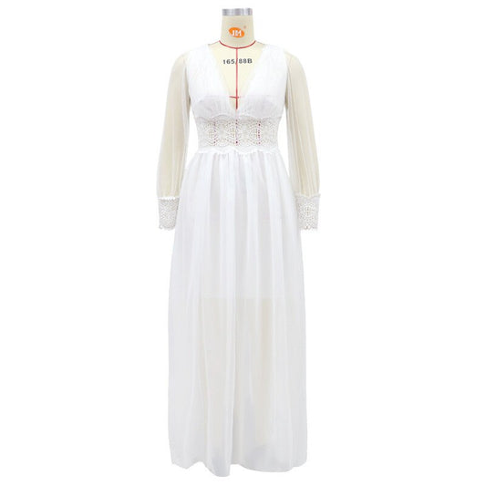 White Bridesmaid Dresses: long-sleeved wedding dress wish long V-neck lace mesh