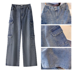 Plus size women's fall casual denim pants Blue washed denim cargo pants