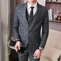 Prom Suits for Men: Men's Fashion Korean Version Slim-fit Plaid Suit Three-piece