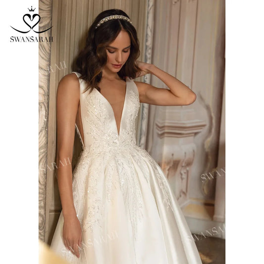 White Bridesmaid Dresses: Wedding Dress Beading Open Back Court Train Princess