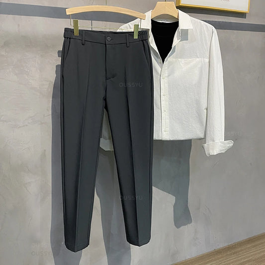 2024 Spring Summer Men's Casual Pants Suit Pant Slim Fit Work Elastic Waist