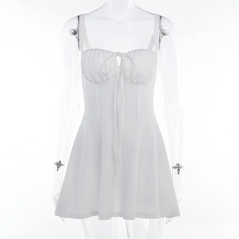 Women Summer Casual Sling Dress Solid Color Tie-Up Fishbone Waist