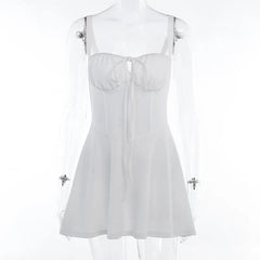 Women Summer Casual Sling Dress Solid Color Tie-Up Fishbone Waist