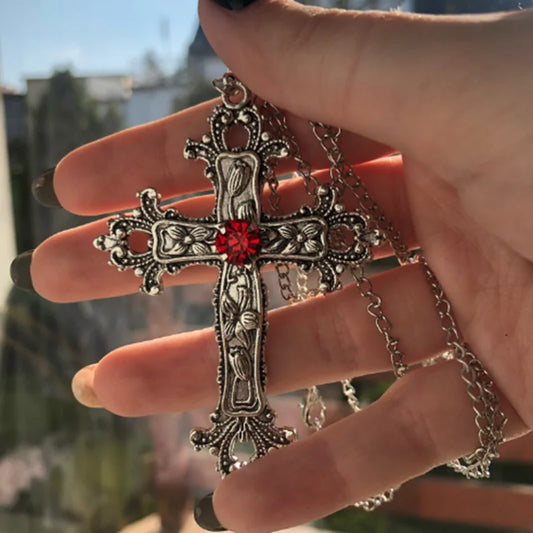 Gothic Big Zircon Cross Necklace Unisex Y2K Irregular Goth Large Cross Pendant Necklaces for Men Women Couple Necklace Jewelry
