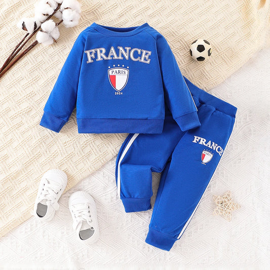 Two piece set of baby boy sports and leisure English letter printed round neck long sleeved top and pants set