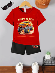 Two-Piece Boy Fashion Short Sleeve Suit, Red Car Print Top With Black Car Print Pants, Casual Trend