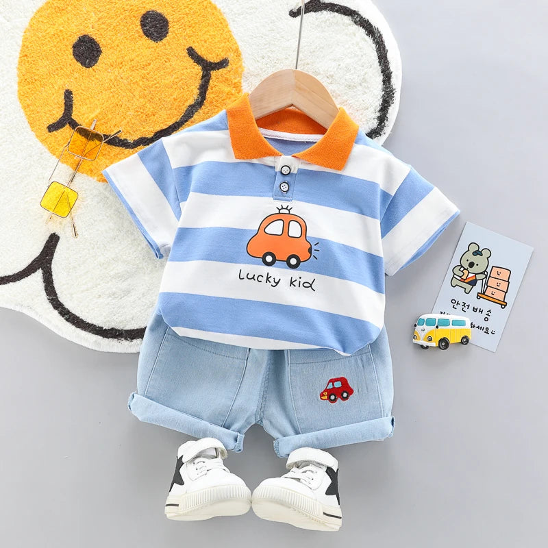 Baby boys Polo Shirt + Handsome Denim Shorts 2-Piece Set kids girls clothes suits summer
