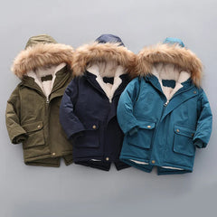 Winter Boys Jacket Windbreaker Keep Warm Thicken Fur Collar Girls Coat Hooded Children