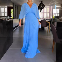 Formal attire Dresses: Evening Dress Women Casual 3/4 Sleeve Solid Pleated Maxi Dress