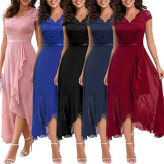 Evening wear Dresses: Women Spring Patchwork Ruffles Chiffon Irregular Dress