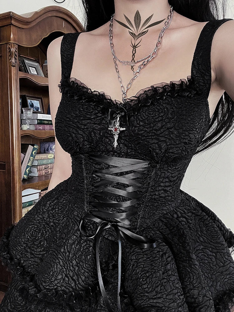 Dark Gothic Party Dress Woman Elegant Vintage Lace Splice Spaghetti Strap