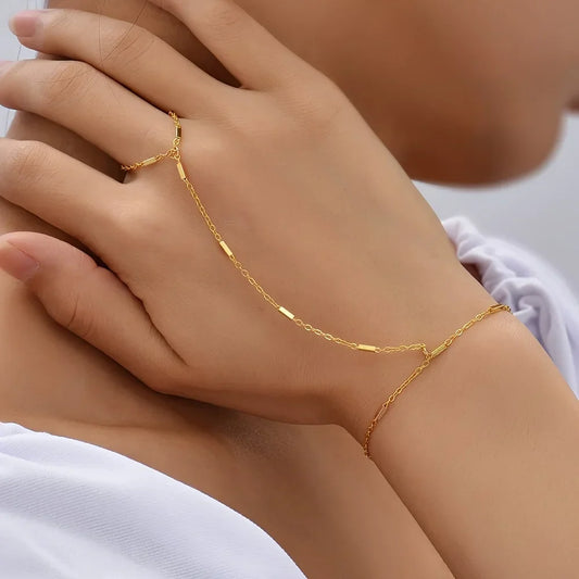 Women's Elegant Style Summer Finger Ring Bracelet, Minimalist Fine Chain Integrated Hand Jewelry Accessory