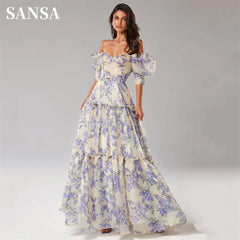 Homecoming Dresses: Blue And White Puffy Sleeve A-line Prom Dress