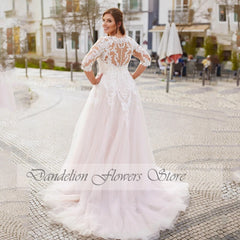 Exquisite Wedding Dresses For Women Bride O-Neck Three Quarter Sleeves Bride Gowns