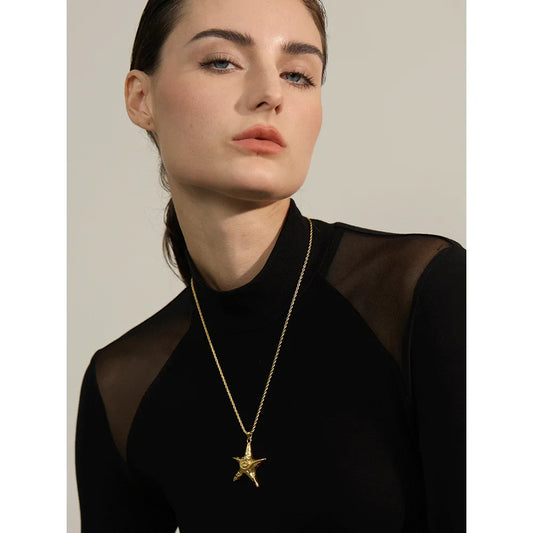 Yhpup 316L Stainless Steel Starfish Pendant Necklace Rust Proof Statement 18K Gold PVD Plated Individualistic Holiday Jewelry