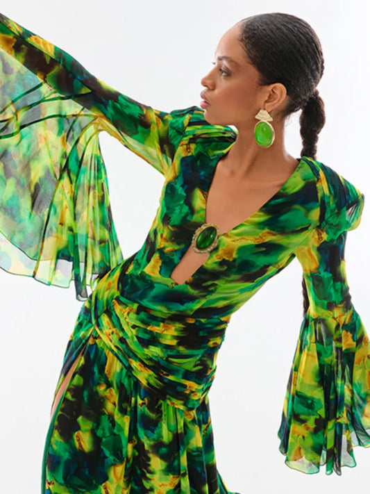 Formal attire Dresses: V Neck Long Sleeve Green Floral Long Chiffon Maxi Dress