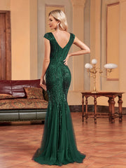 Formal attire Dresses: Sleeveless Green Sequin Formal Evening Dress Women