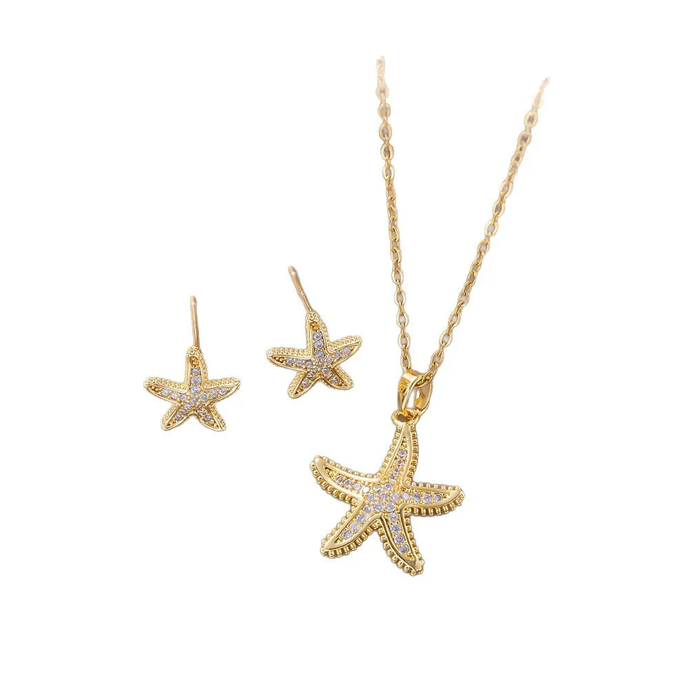 Stainless Steel Golden Inlaid Zircon Starfish Ocean Style 2pc Necklace Earrings Set Lady Fashion Waterproof Jewelry