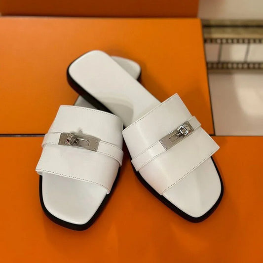 Women Slippers Peep Toe Flat Heels Metal Decor Designer Ladies Mules