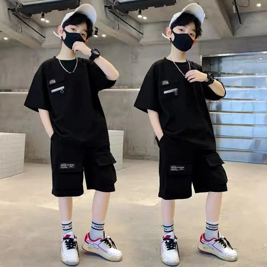 Boys Loose Casual Sets Summer Big Kids Short Sleeve Clothing Suit Teen Tops+Shorts 2Pcs Children Fashion Handsome Outfits 5-14Y