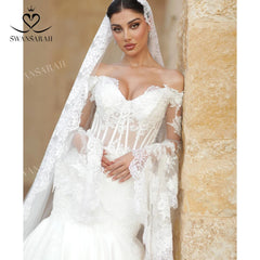 White Bridesmaid Dresses: Long Sleeve Wedding Dress Appliques Beaded Mermaid