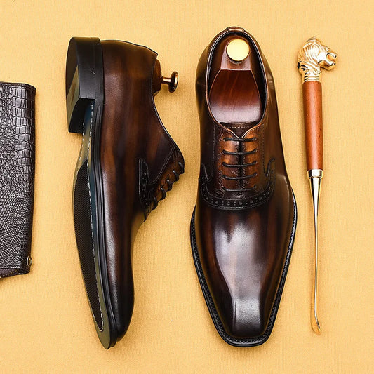 Luxury Brand Mens Formal Shoes Genuine Leather Handmade Vintage Design Oxford
