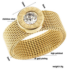 Gold Color Stainless Steel Ring Big Round Crystal Mesh Finger Ring Roman
