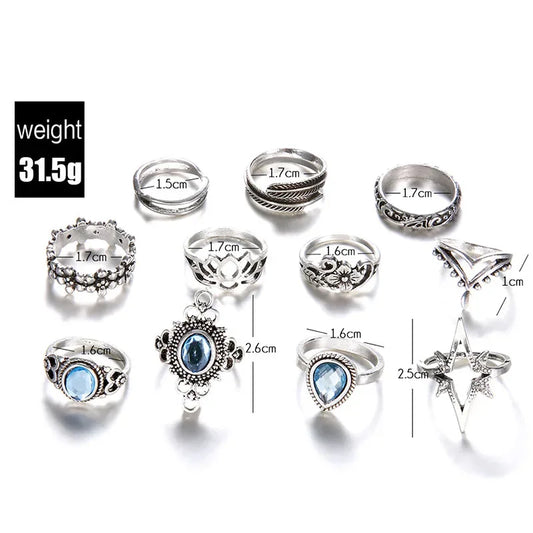 Geometry Retro Rings for Women Boho Inlaid Zircon Carved Starry 11/Pcs Rings