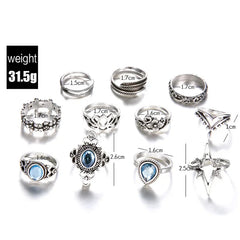 Geometry Retro Rings for Women Boho Inlaid Zircon Carved Starry 11/Pcs Rings