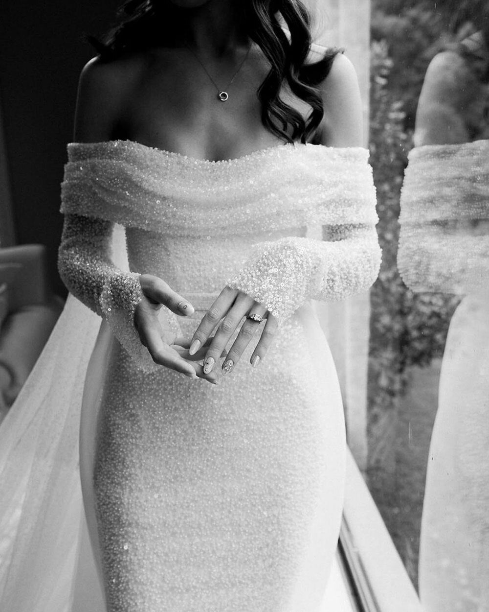 White Bridesmaid Dresses: Wedding Dress Long Sleeves Draped Train Long Bridal Gown