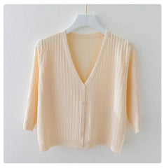 Fashion Women Solid Knitted Sweaters Coats Spring Summer Half Sleeve V-neck