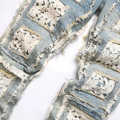 Men's Perforated Jeans 3D Inner Embroidery Zipper Bleached Slim Fit Pantyhose