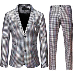 Mens Stage Prom Suits Shiny Rainbow Plaid Sequin Jacket Pants