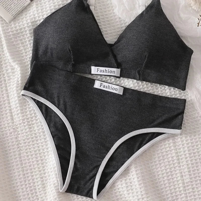 Women Cotton Bra Set Briefs Low Waist Panties Wire Free Bralette Sport Lingerie