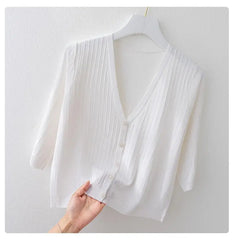 Fashion Women Solid Knitted Sweaters Coats Spring Summer Half Sleeve V-neck