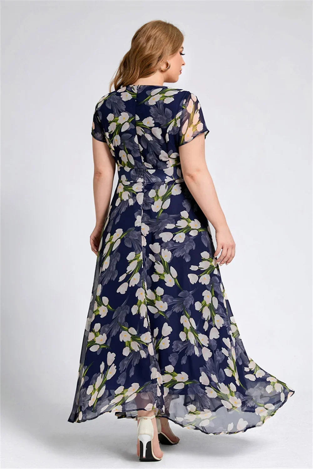 Plus Size Women Floral Printing Dress Short Sleeve Round Neck Chiffon
