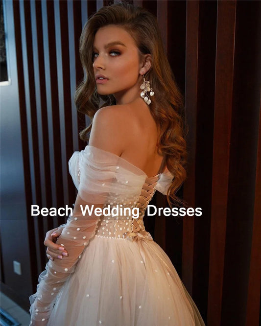 White Bridesmaid Dresses: Champagne Wedding Dresses Side Split Dots Tulle Bride Dress