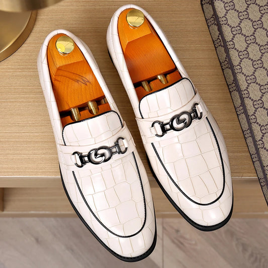 Luxury Men Leather Shoes White Horsebit Loafers Slip on Formal Men Dress Shoes