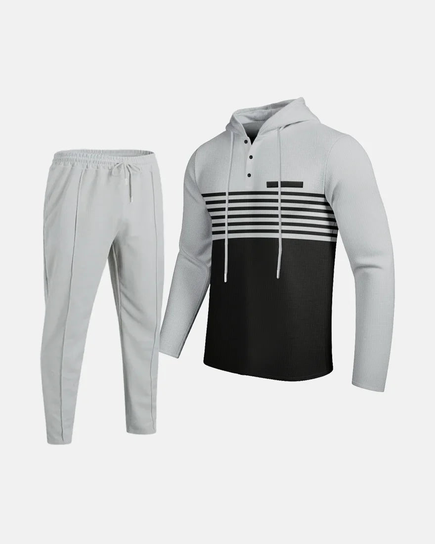 New Men's Waffle Casual Set Outdoor Four Seasons Versatile Trendy Stripe Color blocked Hoodie, Casual Pants Two Piece Set