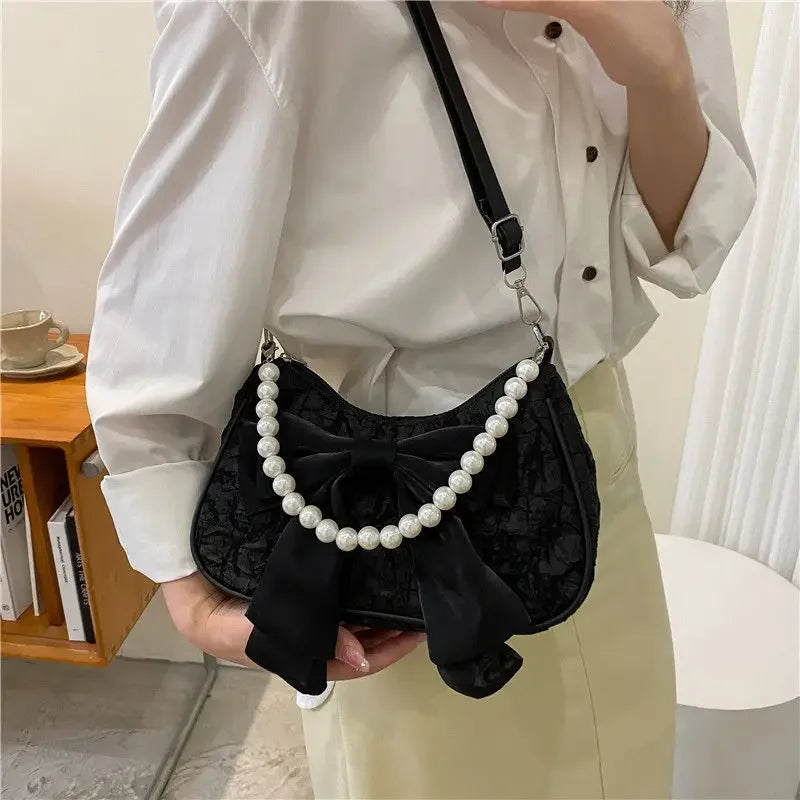 Pearl Female Bag Retro Luxury Designer Handbag Bow Crossbody Bags Fashion