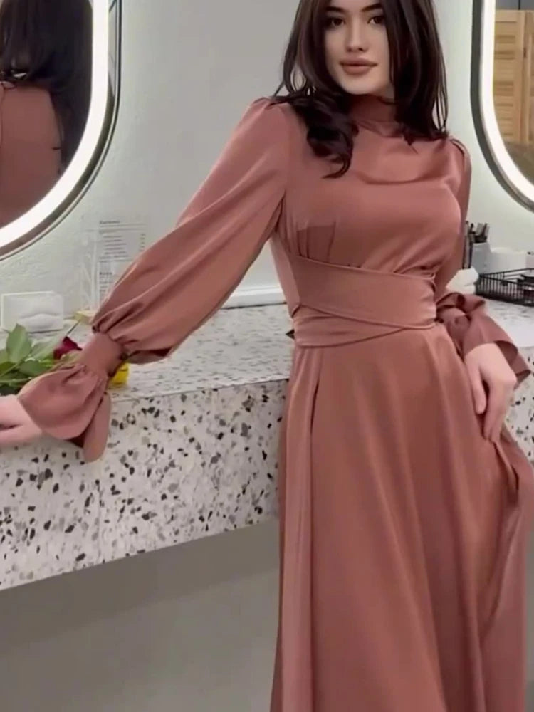 Evening Dresses: Long Dress in Spring Fashion Satin Long Sleeves Elegant Robe Dress
