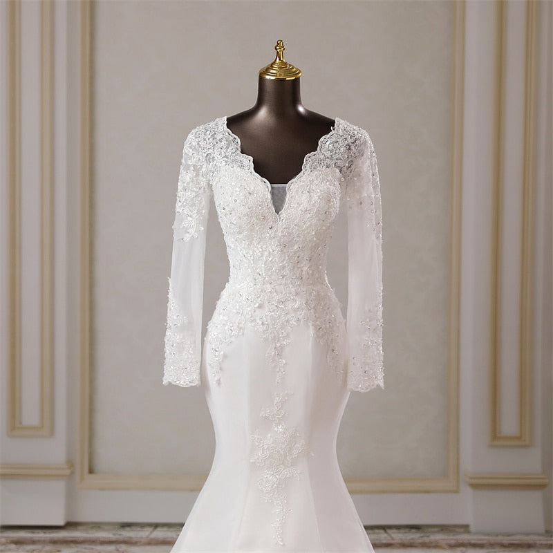 White Bridesmaid Dresses: long sleeves applique mermaid Wedding dresses