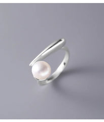 925 Sterling Silver Round Pearl Ring Wedding Adjustable Rings For Women Jewelry