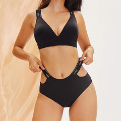 Leopard Print Underwear Set Seamless Wireless Bra Hollow Out With Low Waist