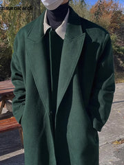 Autumn Winter Long Warm Oversized Soft Dark Green Black Woolen Coat Men