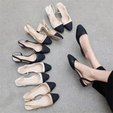 Low Heels Real Leather Slingbacks Shoes Women Square Toe Pumps