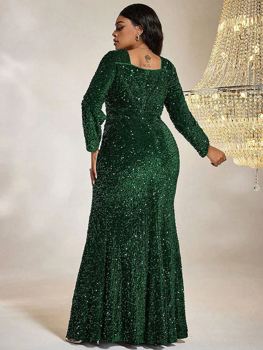 Women Plus Size Maxi Dresses Elegant Sequin Square Collar Wrap