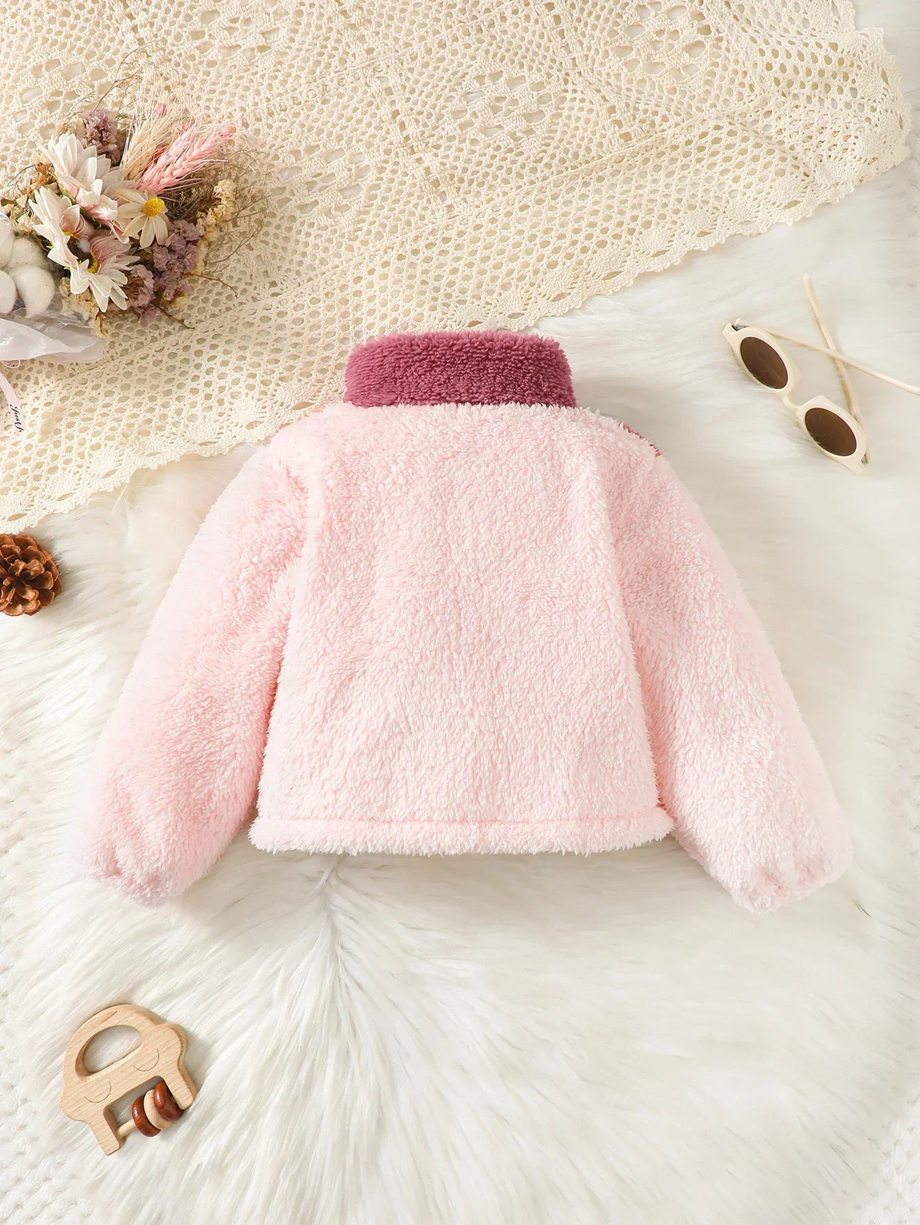 Toddler Girl Plush Coat Long Sleeves Zippered Jacket for Winter Outdoor Wear Fashion Color Blocking Warm Top for Kids 2-8 Years