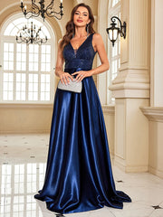 Homecoming Dresses: Evening Dress For Women Deep V-neck Satin Prom Gowns